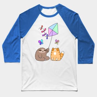 Pastel Rainbow Kite Sloth and Cat Baseball T-Shirt